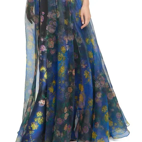NWT Theia Nadia Draped Floral Mikado V-Neck Gown - Picture 7 of 8